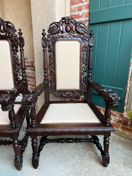 PAIR Antique French Arm Chair Dining Renaissance Carved Oak Bird Black Forest