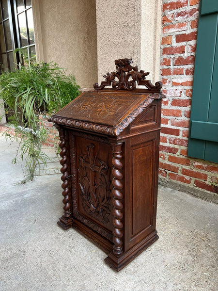Antique French Altar Lecturn Gothic Bible Box Podium Sacristy Cabinet Carved Oak