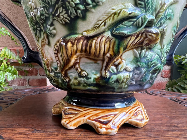 Antique French Majolica Jardinière Onnaing Tiger Monkey Jungle Cache Pot Planter
