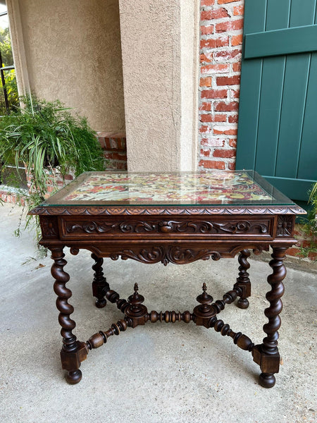 Antique French Sofa Table Writing Desk Barley Twist Carved Renaissance Tapestry