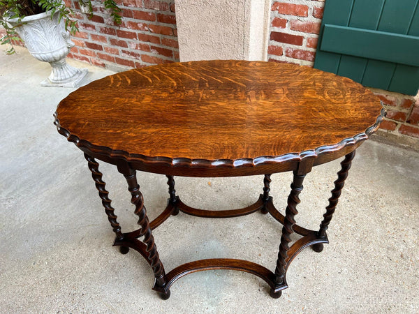 Antique English OVAL Side Center Table BARLEY TWIST Tiger Oak Jacobean c1920