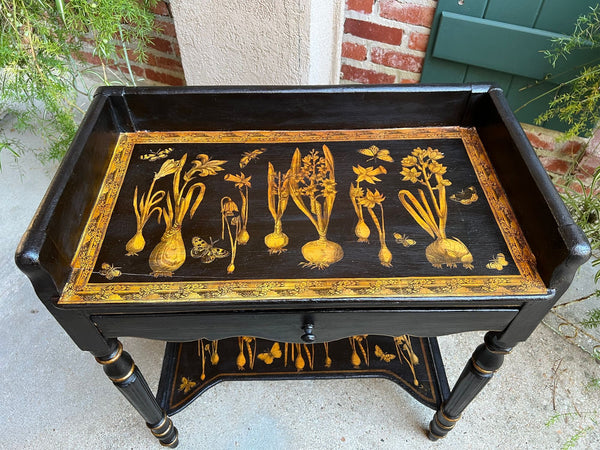 Antique English Sofa Side Table Decoupage Botanical Floral Black Gold c1890