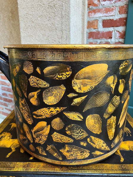 LARGE Antique English Planter Cachepot Black Metal Lacquer SHELL Decoupage c1890