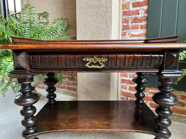 Antique English Hall Sofa Table Sideboard Carved Oak Bobbin Leg c1910