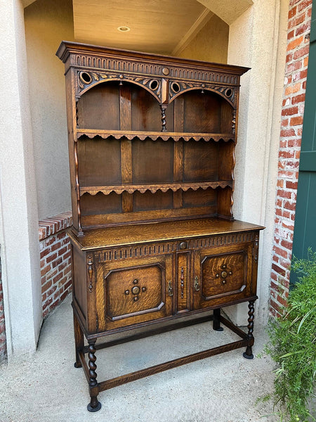 Antique English Welsh Dresser Sideboard Barley Twist Carved Tiger Oak Farmhouse
