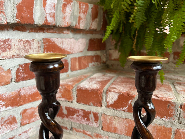 PAIR Set Antique English Oak OPEN Barley Twist Candlesticks Candle Holder Brass