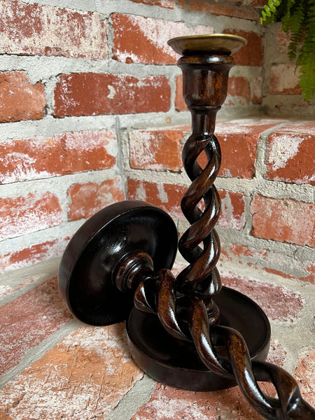 PAIR Set Antique English Oak OPEN Barley Twist Candlesticks Candle Holder Brass