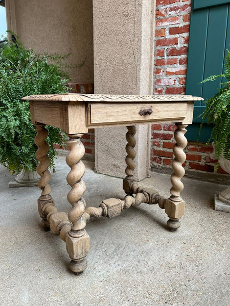 Antique French Side Table Barley Twist Bleached Carved Oak Nightstand Louis XIII