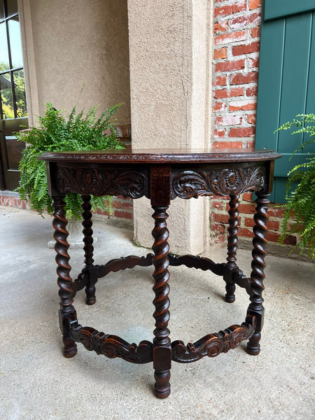 Antique French ROUND Side Center Table BARLEY TWIST Carved Oak Renaissance c1900