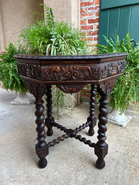 Antique French Octagon Sofa Table Carved Oak Barley Twist Louis XIII Renaissance
