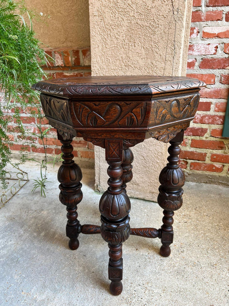 PETITE Antique French Octagon Center Side TABLE Renaissance Carved Oak c1890