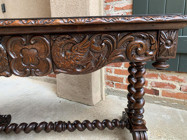 Antique French Console Sofa Table Carved Oak Barley Twist Desk Renaissance c1890
