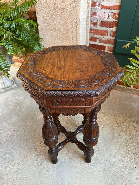 Petite Antique French Octagon Side TABLE Renaissance Carved Oak c1900