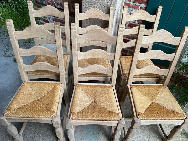 Set 6 Vintage French Ladder Back Dining Chairs Rush Seat Bleached Oak Farmhouse