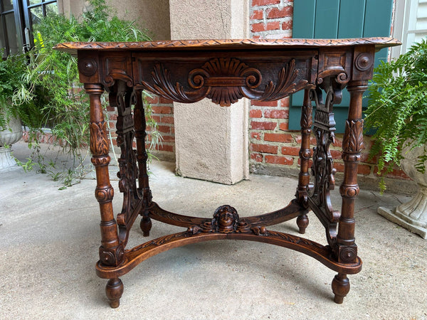 Antique French Sofa Hall Table Carved Oak Renaissance Revival Cherub End Table