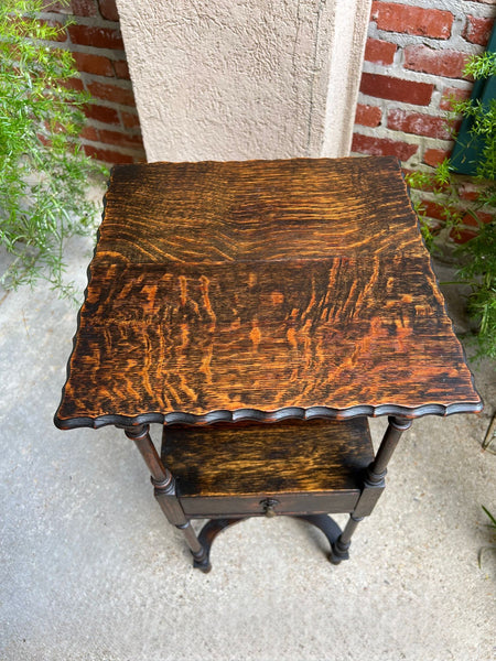 Antique English End Table SQUARE PETITE Jacobean Oak Two Tier c1900