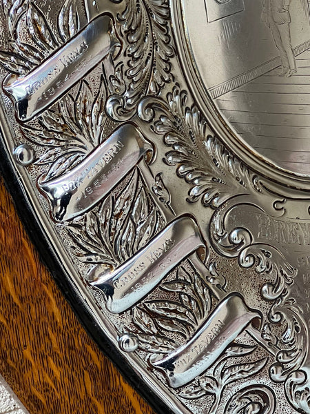 Antique English Dart Game Trophy Award Shield Oak Plaque Silver Plate c1909