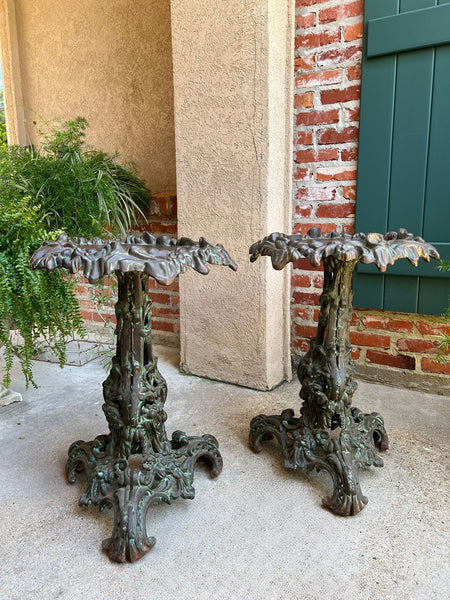 PAIR Antique French Round Side Table Grotto Rococo Cast Iron Plant Stand c1880