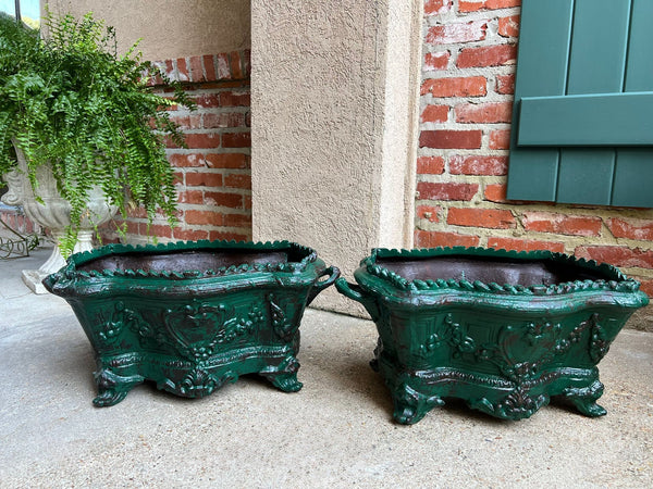 PAIR Antique French Cast Iron Jardiniere Large Footed Cache Pot Planter c1880