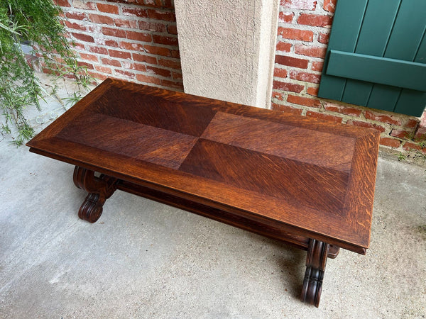 Antique French Coffee Table Carved Oak Bench Baroque Window Hall Seat c1900.