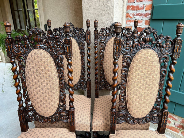 Set 4 TALL Antique French Dining Chair Barley Twist Renaissance Carved Oak 1890