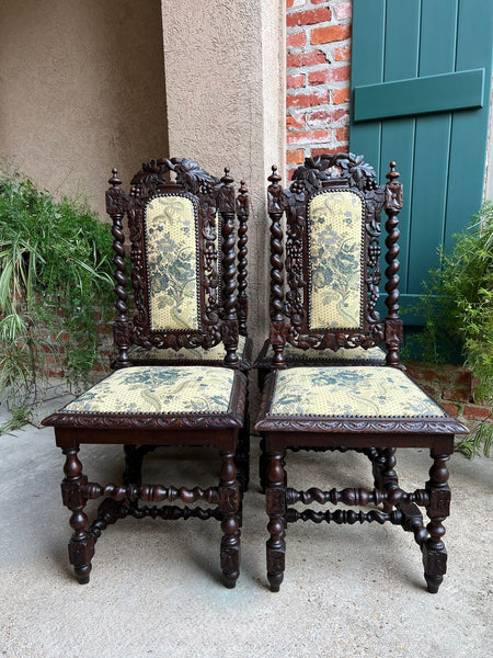 Set 4 Antique French Dining Chair Barley Twist Renaissance Carved Oak Green 1900