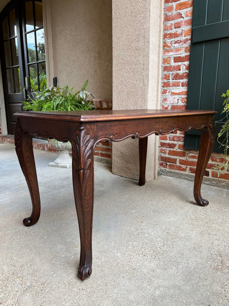Antique French Sofa Side Table Writing Desk Louis XV Carved Oak Parquet Top