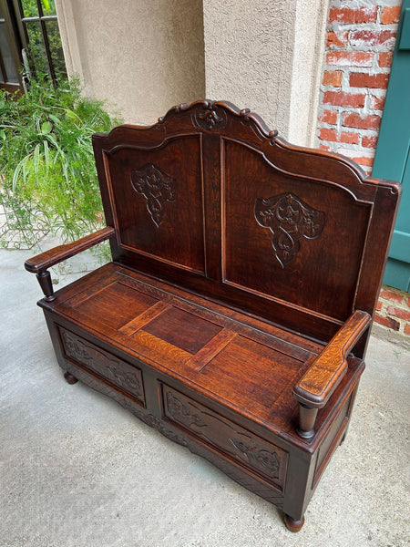 Antique French Louis XV Hall Bench Carved Oak Foyer Settee Lift Top Chest c1890