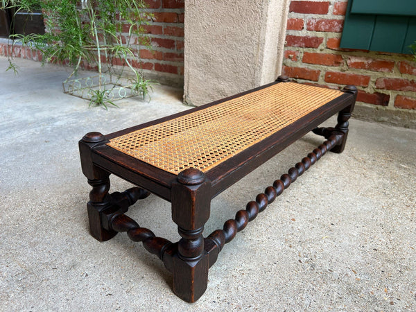 Antique English Barley Twist Stool Bench Oak Cane Jacobean Ottoman c1920