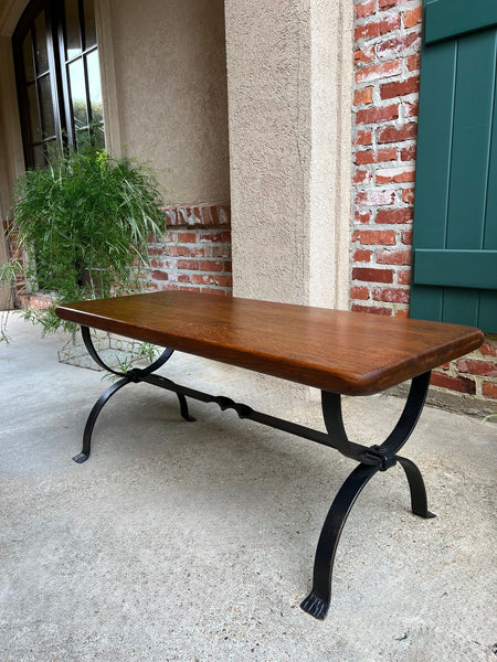 Antique French Coffee Table Bench Country Farmhouse Tiger Oak Wrought Iron c1920
