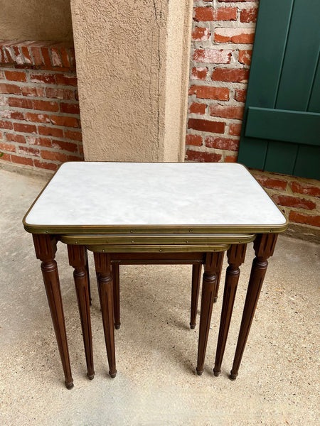 Set 3 Vintage French Nesting Table WHITE MARBLE Mahogany Louis XVI Maison Jansen