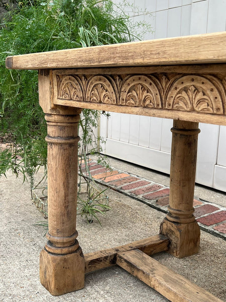 Antique French Dining Farm Table Bleached CARVED Oak 8 ft. LARGE c1880