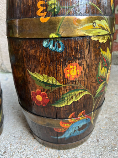 PAIR Set Antique English Oak Barrel Jardinière Planter Rosemaling Hand Painted