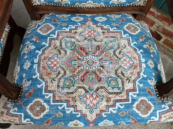 PAIR Antique French Dining Arm Chair Louis XV Carved Oak Blue Persian textile