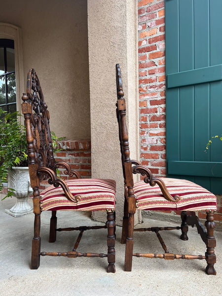 PAIR Antique French Dining Chairs Renaissance Revival Open Carved Oak SET of 2