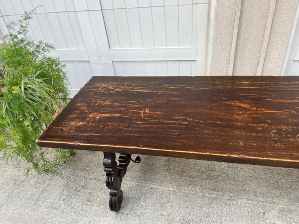 Antique French Oak Dining Table Catalan Trestle 7 ft. Farmhouse Plank Top c1890