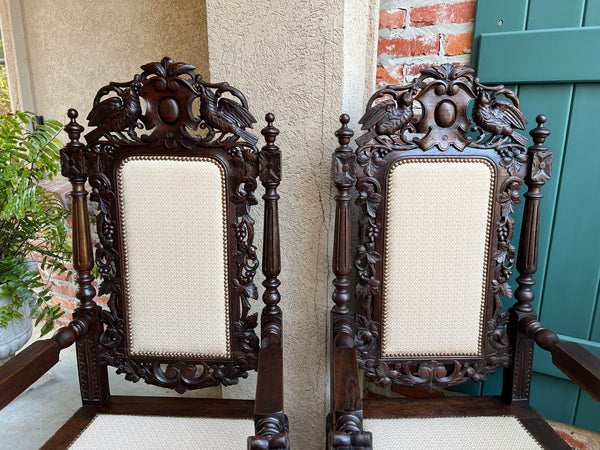 PAIR Antique French Arm Chair Dining Renaissance Carved Oak Bird Black Forest