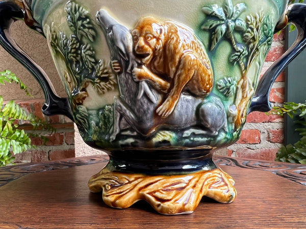 Antique French Majolica Jardinière Onnaing Tiger Monkey Jungle Cache Pot Planter