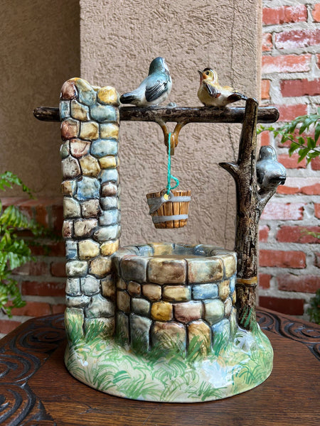 Antique French Majolica Bird Wishing Well Flower Holder Cache Pot Jerome Massier