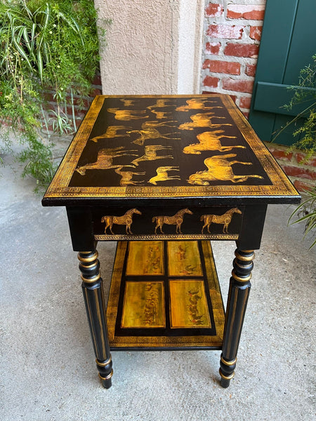 Antique English Console Side Table Decoupage Horse Equestrian Fox Hunt c1890