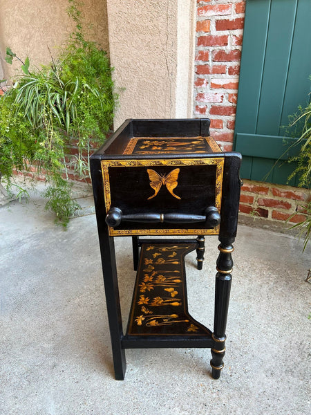 Antique English Sofa Side Table Decoupage Botanical Floral Black Gold c1890