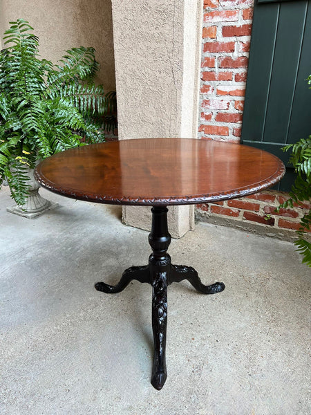 Antique French Tilt-Top Round Table Carved Mahogany Game Mahjong Wine c1890