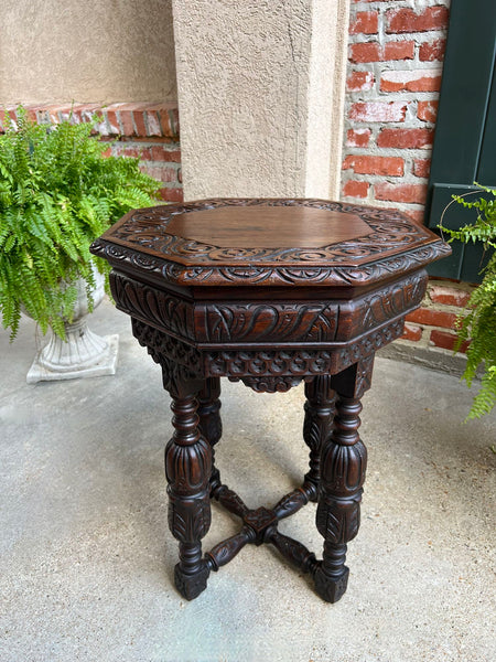 PETITE Antique French Octagon Center Side TABLE Side End Renaissance Carved Oak