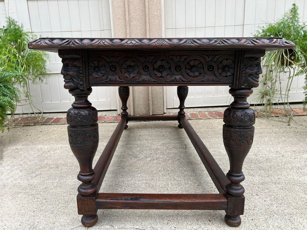 Antique French Renaissance Carved Oak Library Center Table Console Island c1880