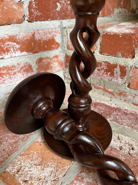 PAIR Set Antique English Oak OPEN Barley Twist Candlesticks Candle Holder Brass