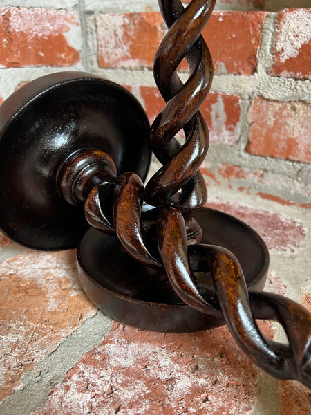 PAIR Set Antique English Oak OPEN Barley Twist Candlesticks Candle Holder Brass