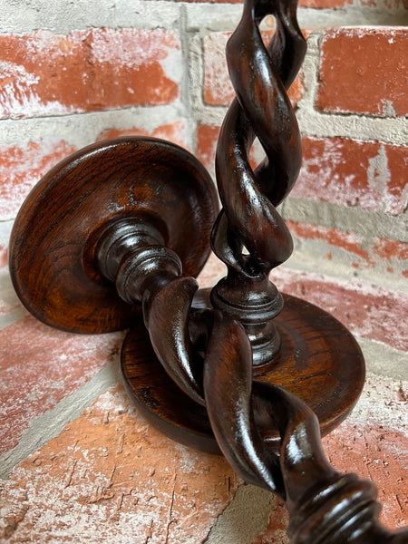 PAIR Set Antique English Oak OPEN Barley Twist Candlesticks Candle Holder Brass