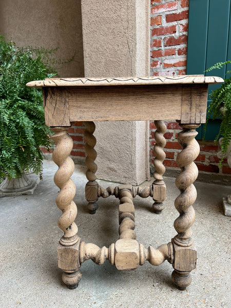 Antique French Side Table Barley Twist Bleached Carved Oak Nightstand Louis XIII