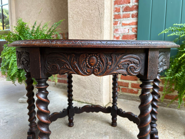 Antique French ROUND Side Center Table BARLEY TWIST Carved Oak Renaissance c1900