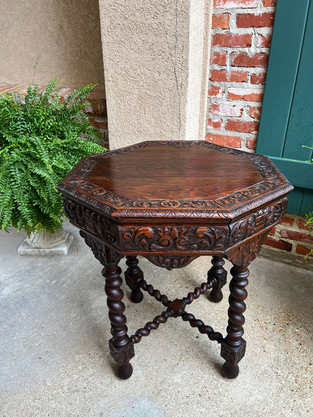 Antique French Octagon Sofa Table Carved Oak Barley Twist Louis XIII Renaissance